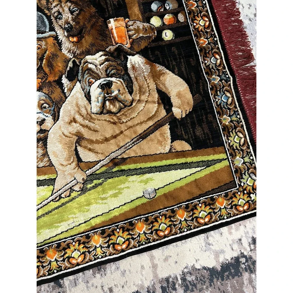 Vtg P&C Wall Tapestry Dog Pool Billiard Man Cave Made In Italy Bar Decor 38x56